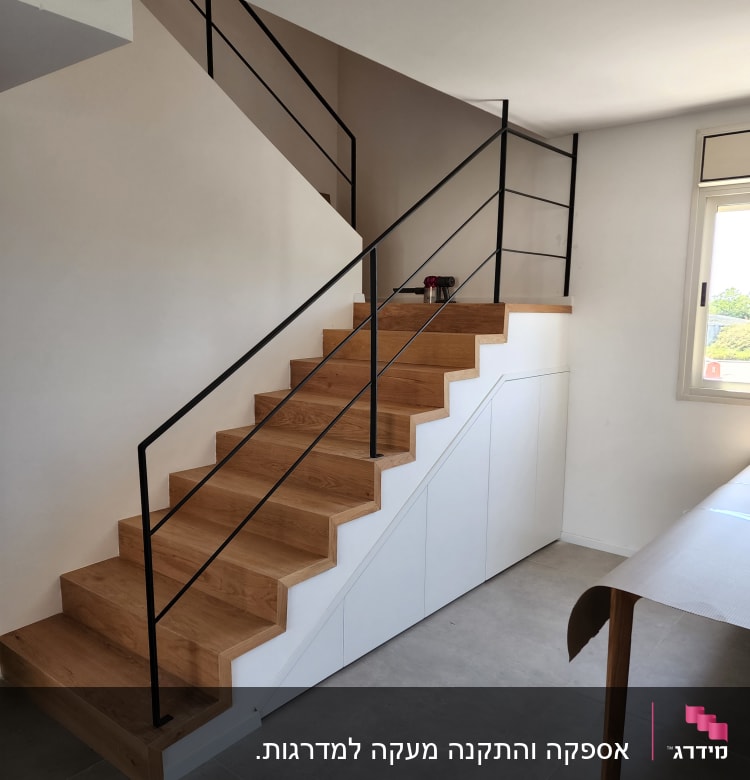 מעקה מתכת שחור על מדרגות עץ